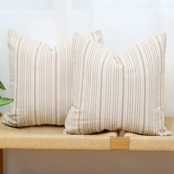 Luxury Home | Modern Farmhouse Beige Textured Linen Striped Throw Pillow Covers - Picture 2 of 6
